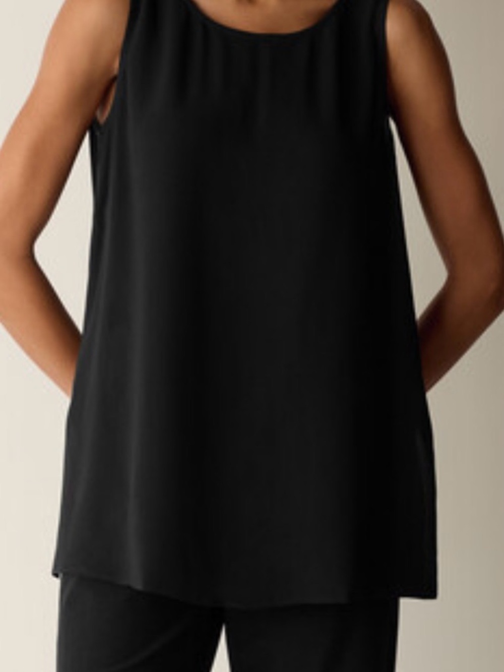 Eileen Fisher Silk Georgette Crepe Ballet Neck Long Tank in Black